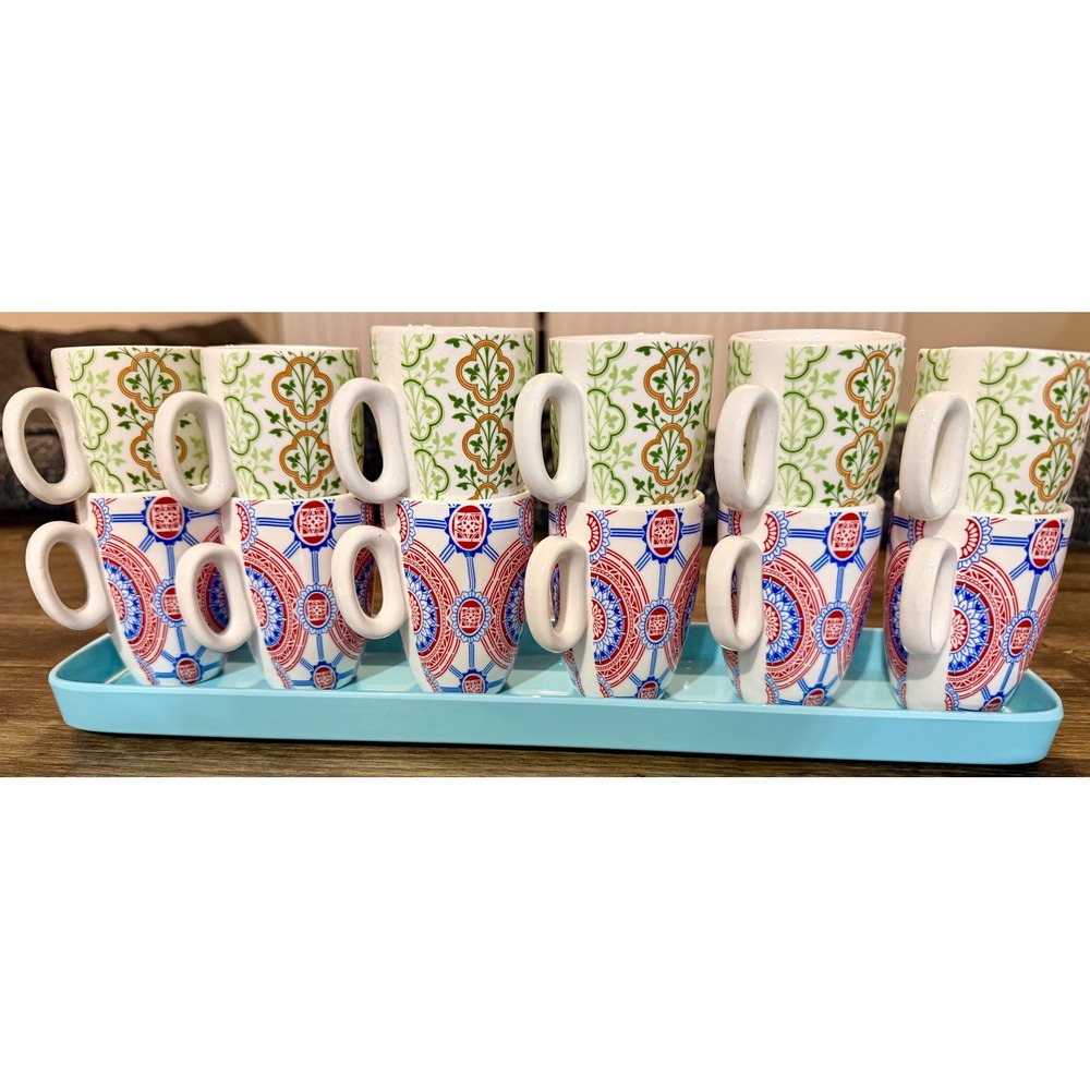 Pier 1 Espresso Cup Set 12pc Multicolor Excellent Mediterranean Boho Floral